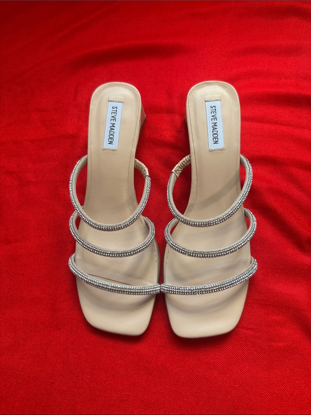 Steve Madden Rhinestone Beige Crystal-Strap Slide Heels